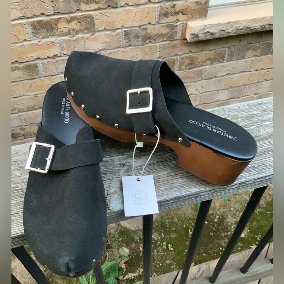 CHRISTIAN DI RICCIO Leather Black Wooden Clogs Women’s Size 10 Made in Italy NEW - Picture 2 of 16